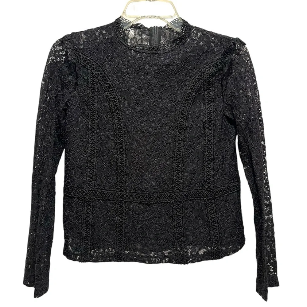 Zara Black Lace Long Sleeve Victorian Style Blouse Top Shirt Size XS - Picture 2 of 5